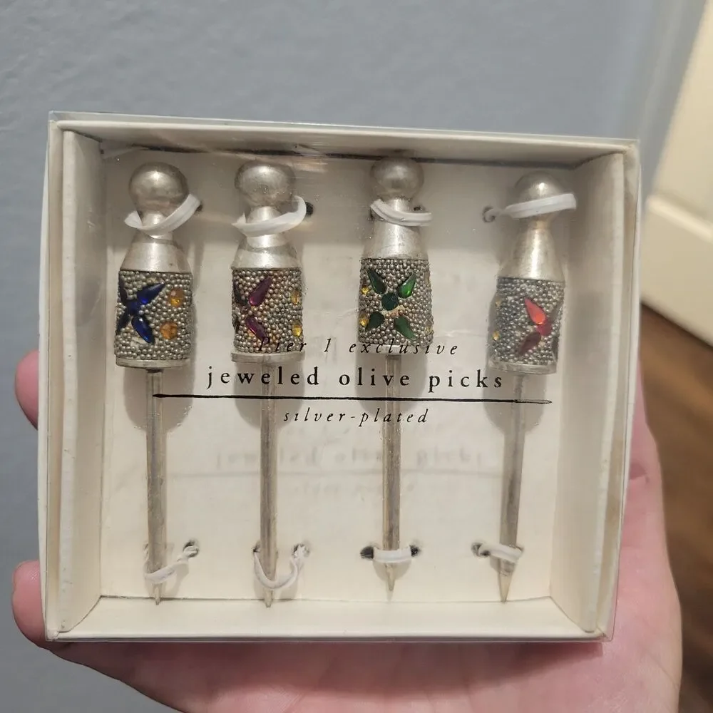 Vtg Pier 1 Exclusive Jeweled Silver Plated Olive Picks Jeweled Fancy Heavy Duty